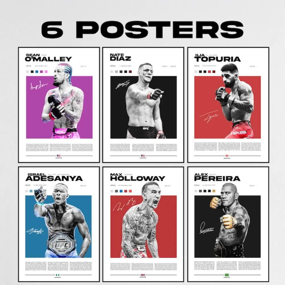 Artistic MMA Fighter Poster Set - Sean O'Malley, Nate Diaz, Ilia Topuria, Alex Pereira, Israel Adesanya, Max Holloway Photo Graphic Prints for Wall Decoration & Cool Room Home Decor
