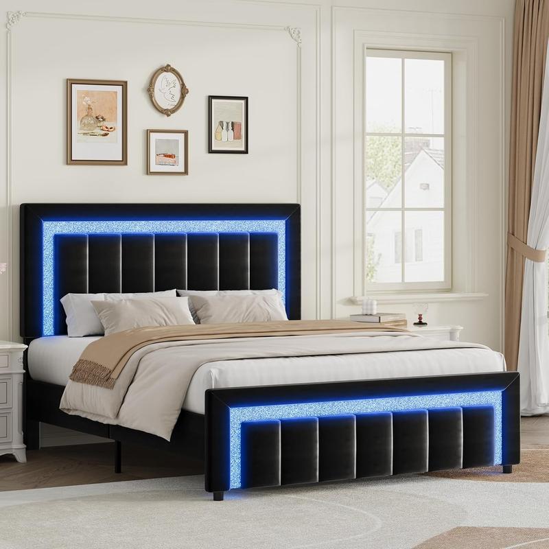 HOMBCK Bed Frames with LED Lights and Velvet Upholstered Headboard, Bed Frame with Modern Diamond Headboard Adjustable, Wooden Slats Support, Noise Free, No Box Spring Needed
