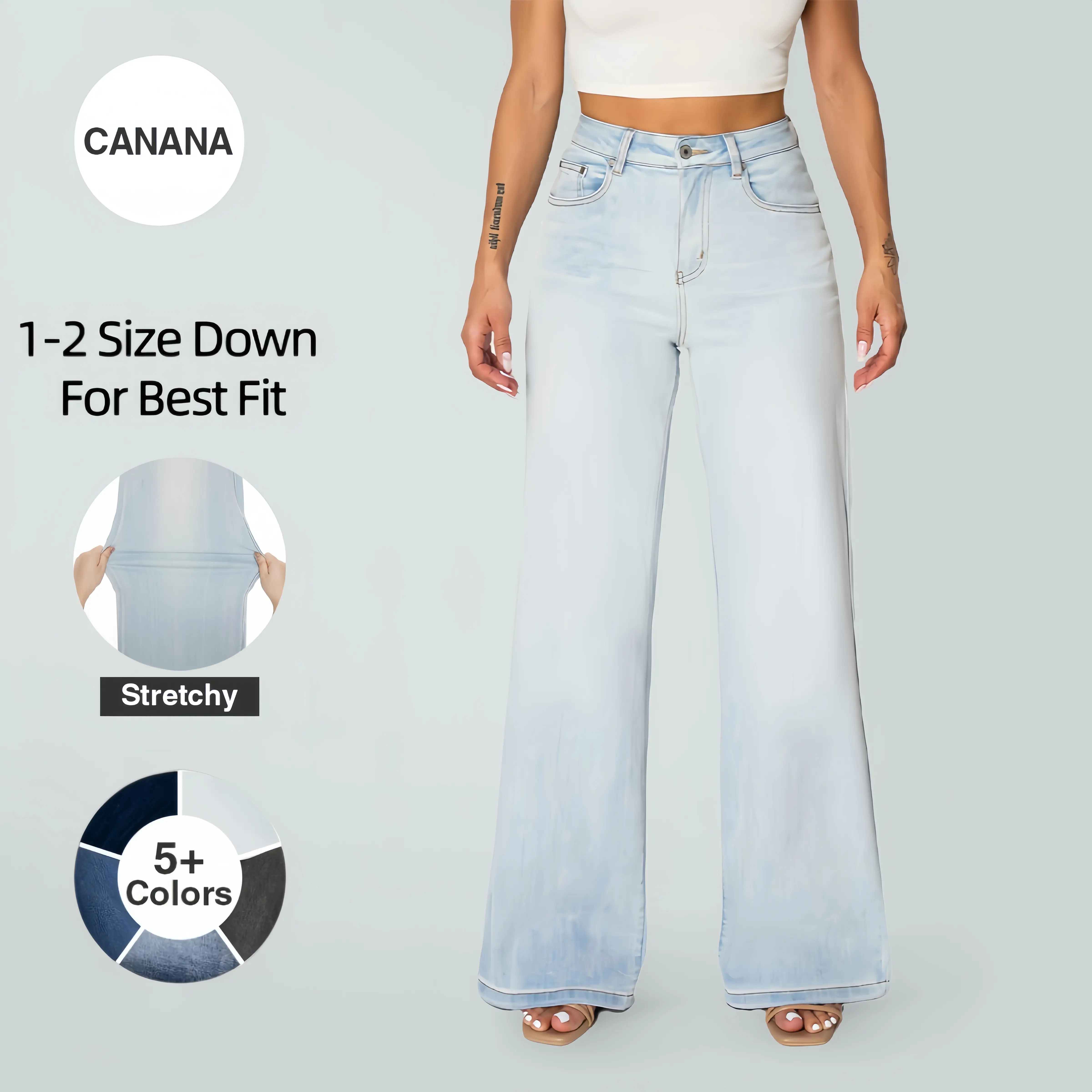 CANANA Women Super Stretchy High Rise Wide Leg Jeans Minimalist Comfort Denim Pants Tummy Control BBL Regular Size Plus Size Spring Fashion Daily Outfits Pockets One Size Down For Best Fit