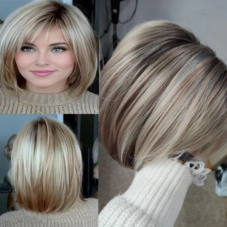 Womens Bob Short Blonde mix Wigs Dark Roots Heat Resistant Synthetic Hair For Halloween wig, daily use, party wig Blonde Colored Wig Straight Blonde Wig