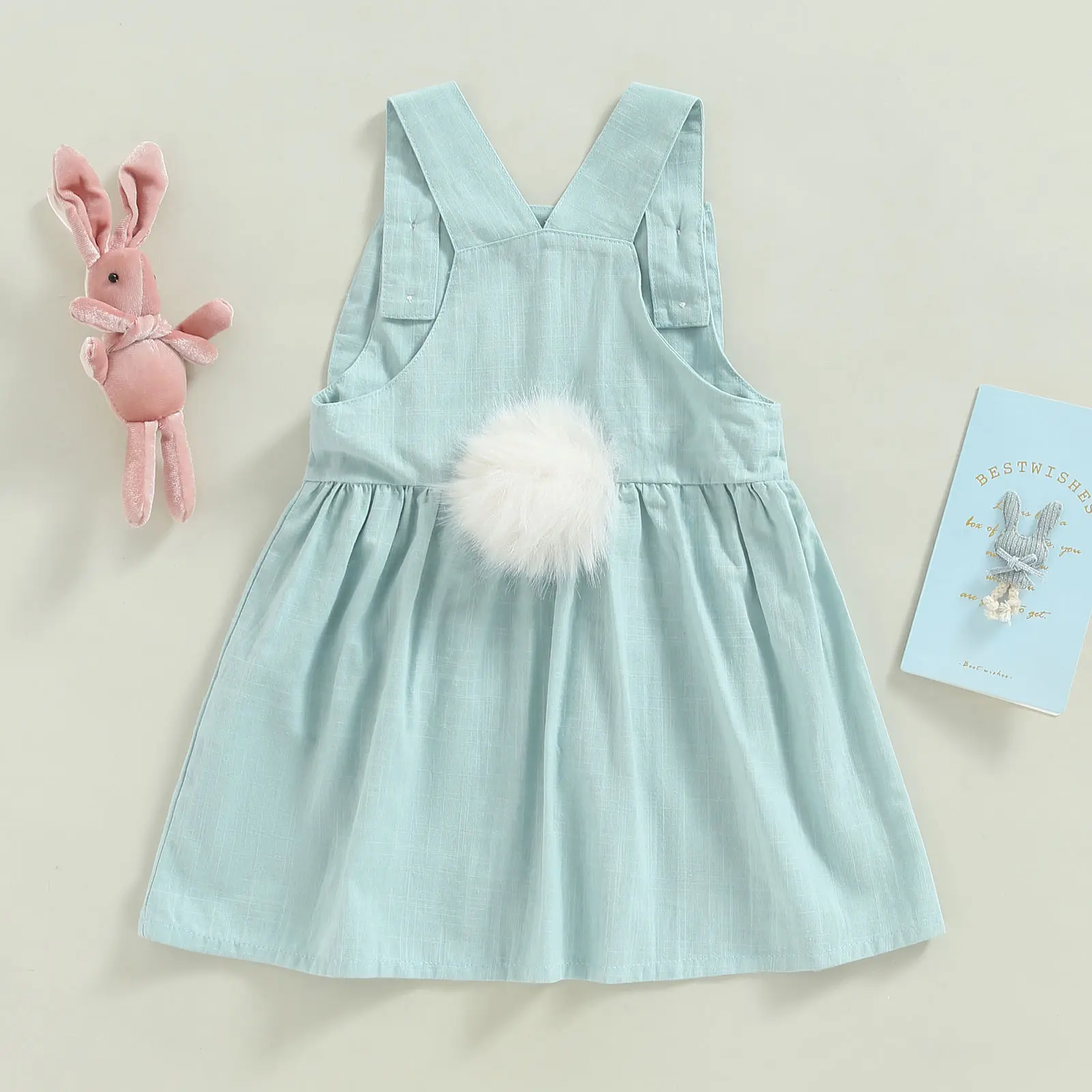 Toddler Baby Easter Overall Dress | Cute Sleeveless Square Neck + Bunny Print | Suspender Dress