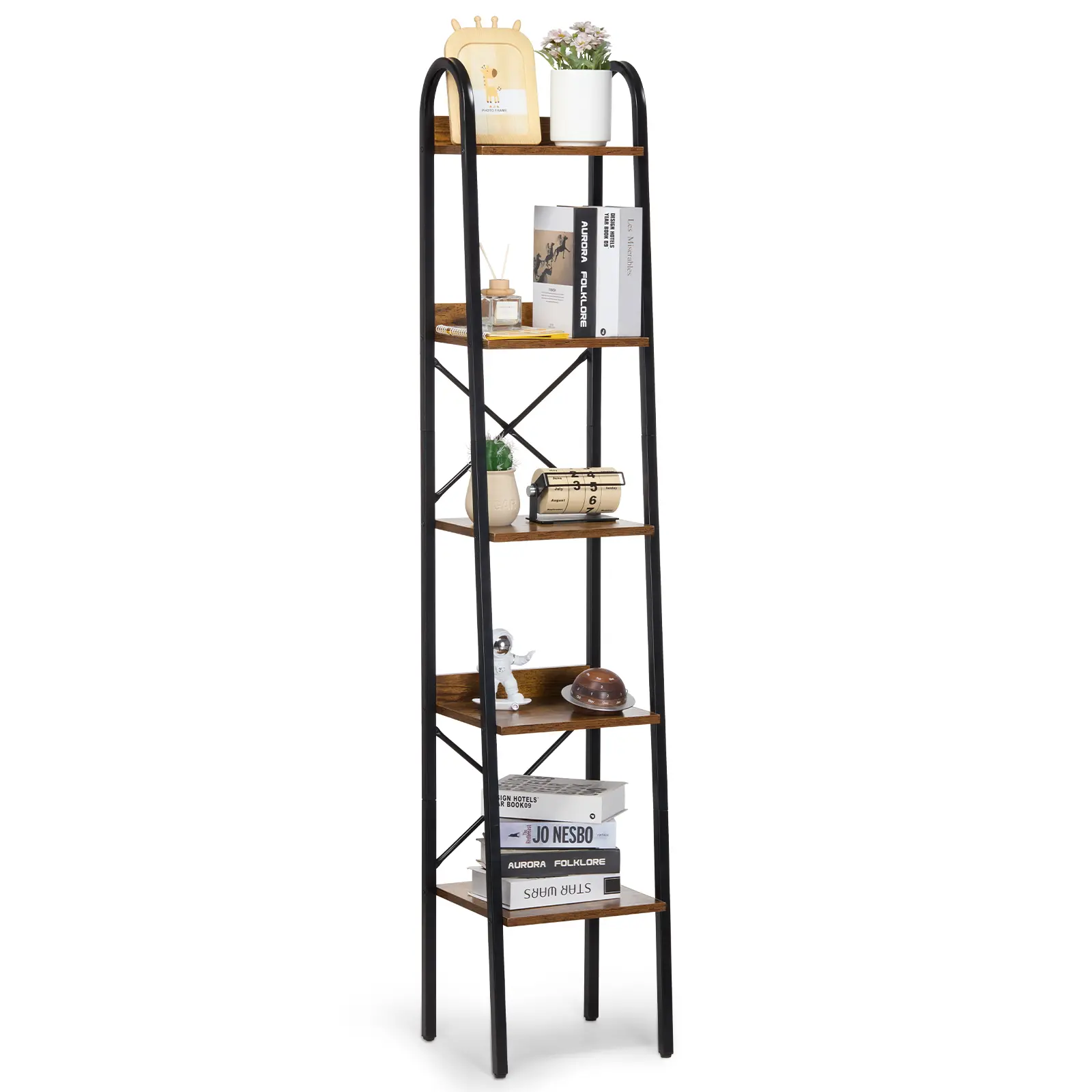 VEVOR 5-Tier Industrial Metal Adjustable Standing Shelf, Tall Narrow Rustic Vintage Minimalist Space-Saving Unit, Scratch-Resistant Easy-Clean Indoor Furniture Storage Rack with Decor, Plant, Organiser Use (110 lbs Capacity)