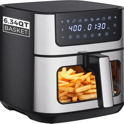 「#AirFryerFeast」Large 6.34 Quart Digital Air Fryer with Window, 180–400℉ Adjustable Temp, 8 One-Touch Presets, 90-Min Timer, Stainless Steel Air Fryer for Family Cooking