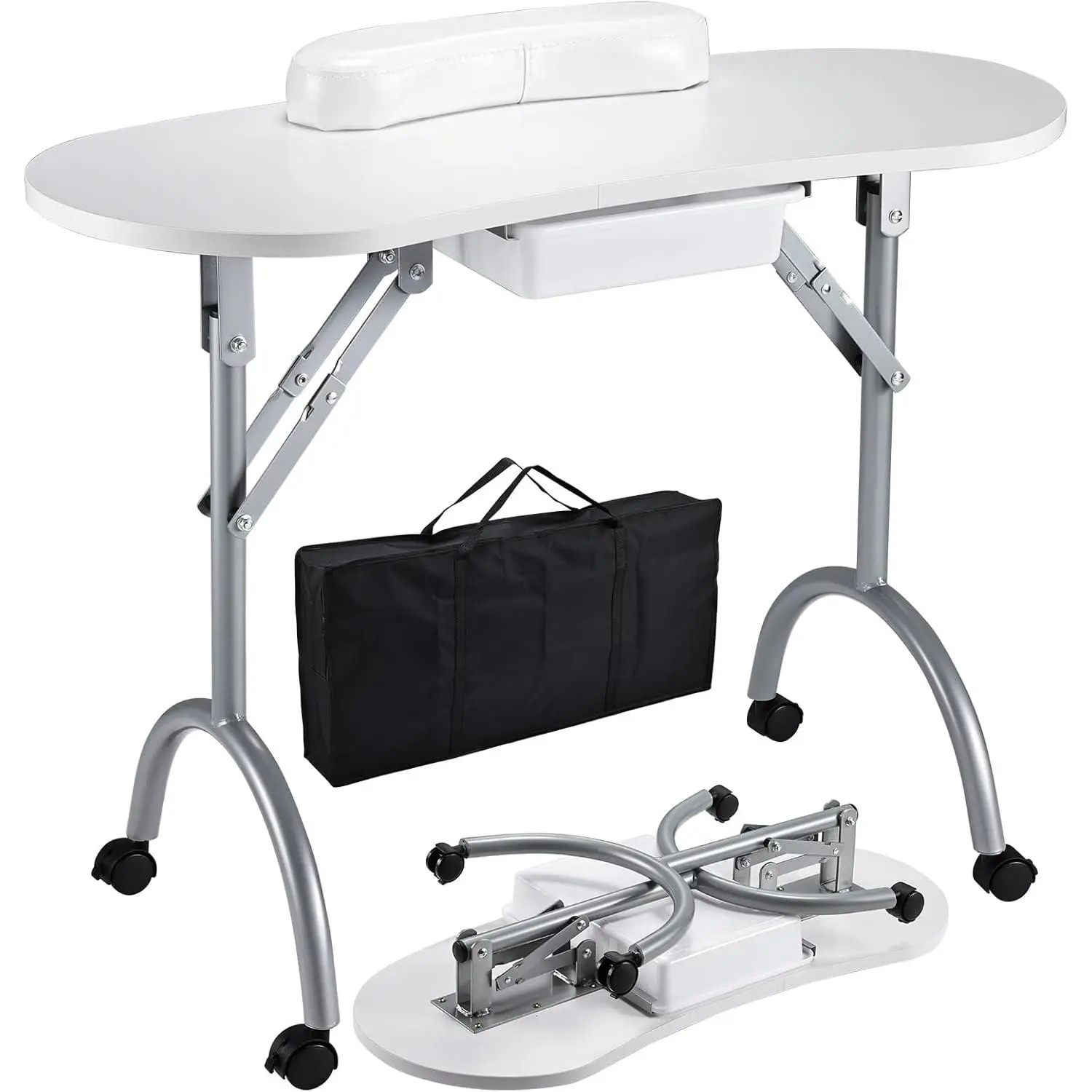 Professional Foldable & Portable Manicure Table  Desk Technician Workstation 4 Lockable Wheels with Drawer Client Wrist Pad Free Carrying Bag Travel  Tech  Beauty Table White