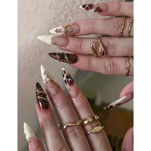Y2K Gothic Press On Nails | 3D Gold Cross Animal Print Press On Nails | Long Stiletto Wire Charm Fake Nails