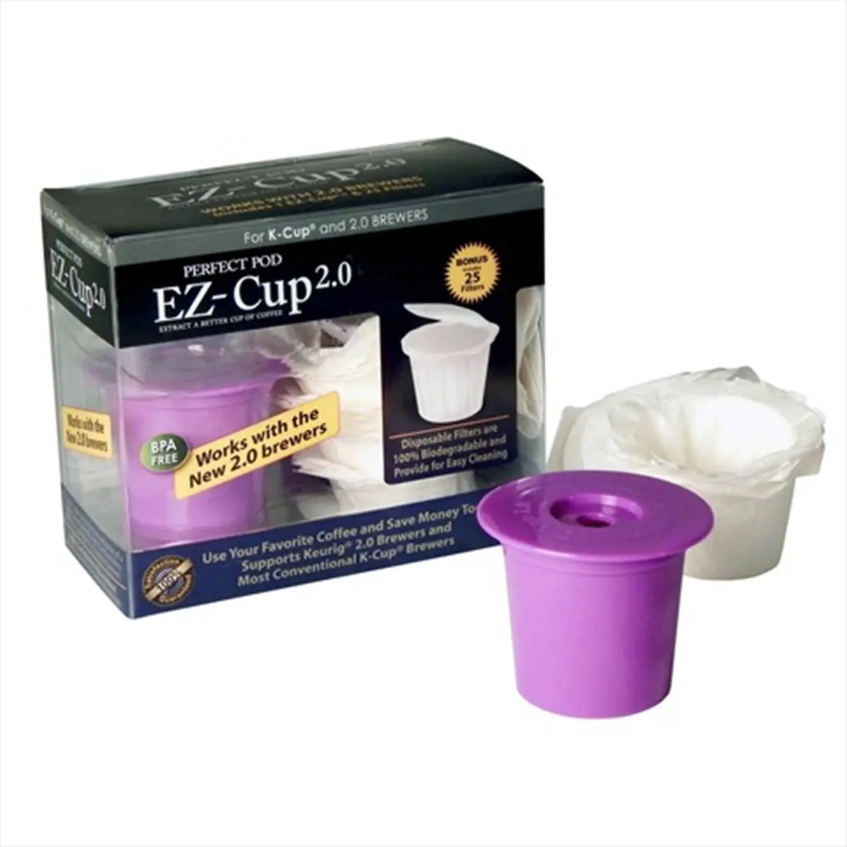 Keurig Perfect Pod EZ-Cup 2.0 Reusable Coffee Pod, Traditional Single Serve BPA-Free Plastic Filter for Keurig Machine, for Tea/Coffee Lovers, Camping & Everyday Use, with 25 Biodegradable Liners (25 Pcs), 4.8 X 3.9 X 2.4 In