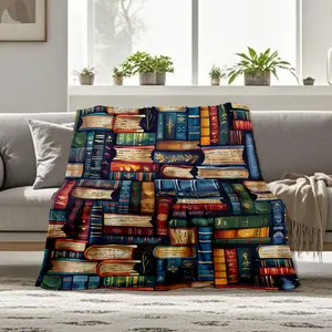 Multicolored Vintage Book Theme Flannel Blanket, Perfect for Home Decor and Cozy Reading Spaces, Highlighting the Art of Books