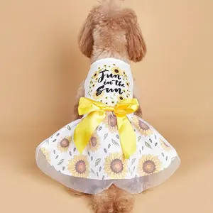 Pet Dress Dog Cloth Sunflower Printed Fun Dresses with Bow Tulle Puppy Cloth Doggy Kitten Outfit Apparel for Spring Summer Dog Cat Dress