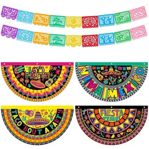 6 Pcs Mexican Bunting Fan Flags Mexican Fiesta Party Decoration Fiesta Hanging Porch Sign Flag Banner with Plastic Papel Picado for Carnival Outdoor Indoor Garden Yard Decor Taco Cactus Party Supplies