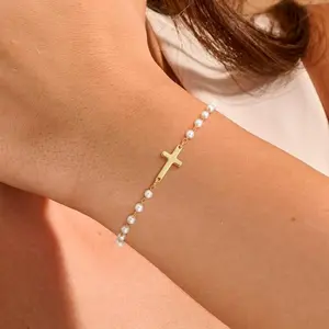 Tewiky 14K Gold Plated Cross Pendant Pearl Bracelet Dainty Simple Tiny Cross Bracelet For Women Girls For Christmas Gift All-match & Exquisite Jewelry gift For Easter gifts