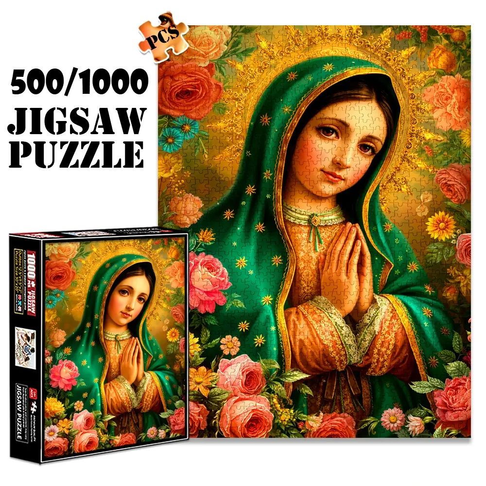 1pc 1000 piece adult Creative Puzzle 70x50cm Virgin Mary with Green Veil and Floral Surroundings 500 pieces of paper jigsaw puzzle, suitable for adults and families, large-scale DIY puzzle interactive toy g Game