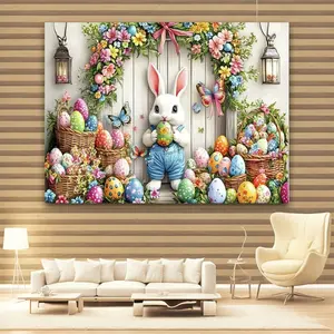 Vibrant Easter Garden Party Backdrop Tapestry, 1pc Detailed Illustration Fairy Tale Bunny Tapestry, Colorful Spring Flowers and Lanterns Wall Hanging, 2D Flat Aesthetic Room Decor Tapestry