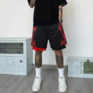 Men’s breathable quick-dry summer hip-hop street style fitness shorts, 2-in-1 double-layer mesh athletic shorts with flame print on the sides and an elastic drawstring waist, suitable for running, training, basketball, and everyday casual wear.