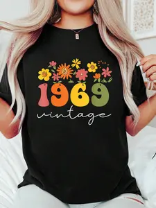 1969 Vintage Floral 54th Birthday Women Girls Wildflower T-Shirt Print T-Shirt Casual Crew Neck Short Sleeve Comfort Tee Top For Spring & Summer Women's Clothing
