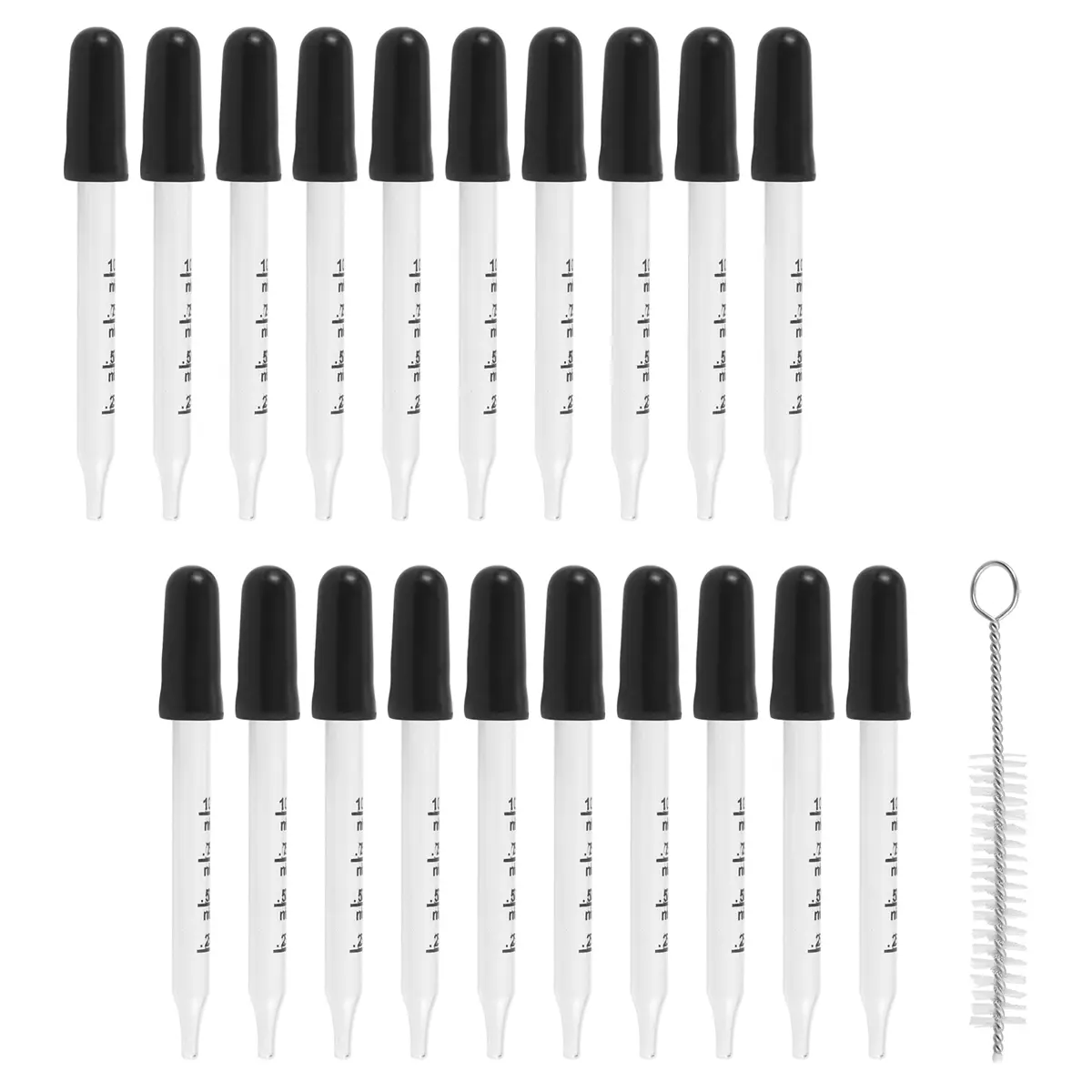 20Pcs 1ml Transparent Glass Liquid Droppers - Straight-Tip Eye Dropper Pipettes with Black Rubber Suction Bulb, Brush-Compatible for Car Washing, Oil & Maintenance Fluid Handling