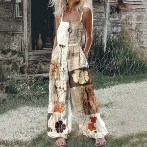 Women's Spring Summer Retro Style Floral Embroidery Patchwork Sling Design One Piece Jumpsuit, Casual Vacation Jumpsuits For Women