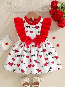 Sweet and lovely summer dress for baby girls, Valentine's Day dress for baby girls, exquisite love red dress, Valentine's Day costume, lotus leaf sleeve bow fashionable dress, sweet princess style summer dress for baby girls