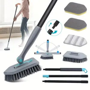 Multifunctional Plastic Triangle Cleaning Brush, Long Handle, Rotatable Hard Bristles, Tile Floor Brush, Bathroom Corner Cleaner