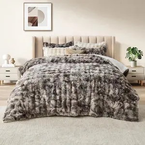 3 count Fluffy Faux   Comforter Set  Size Tie Dyed Grey Plush Fuzzy Bubble Comforter Bedding Set Warm Cozy Bedding Comforter Sets for Winter, 1 Comforter and 2 Pillowcases