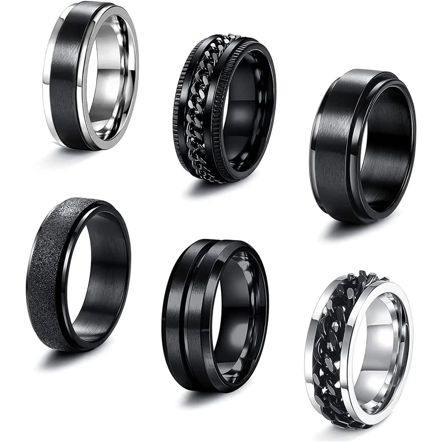 Milacolato 6-Piece Cuban Chain Spinner Rings, 6/8 MM Steel-Coated Black Anxiety Stress-Relieving Fidget Bands, Elegant Fashion Jewelry (Size 7-13), Cuban Chain Ring, Fashionable Jewelry Accessories