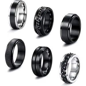 MILACOLATO 6 Pcs 6/8 MM Black Spinner Rings for Men Women Stainless Steel Fidget Ring Anxiety Stress Relieving Cool Chain Fashion Ring Set Wedding Promise Band Rings Size 7-13