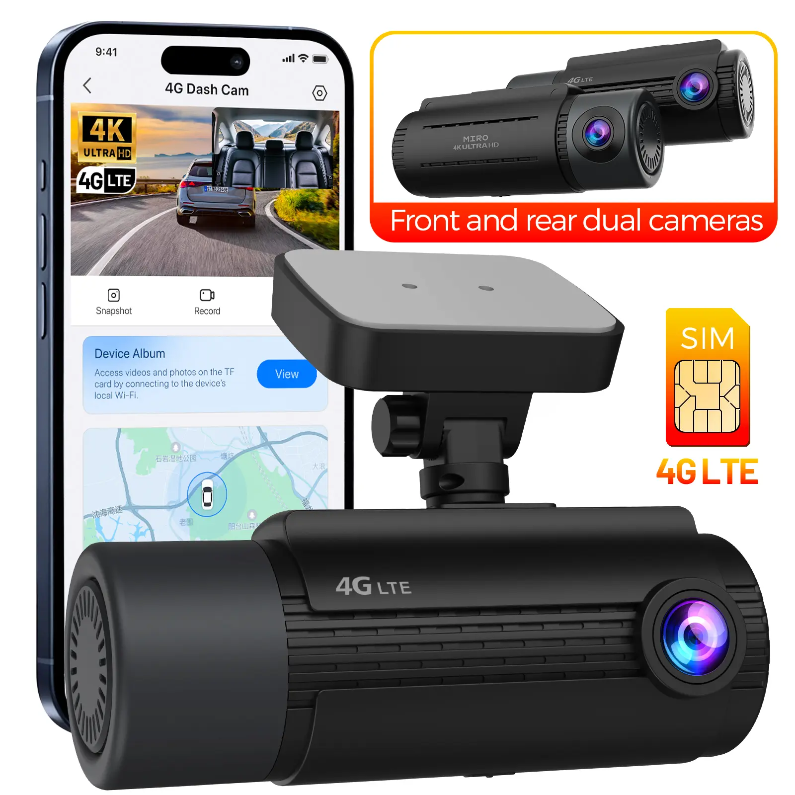MIRO VI03 4G LTE Smart Car Security Dash Cam, 4K Front Camera, GPS Tracker, Remote Monitoring, 24/7 Parking Security System, Suction Cup, Corded Power