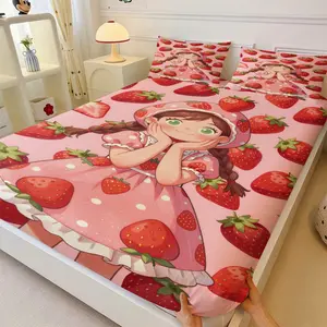 Cute Strawberry Double Braid Cartoon Girl Print Fitted Sheet Set, 1 Fitted Sheet + 2 Pillowcases - 3 Piece, Deep Pocket Design, 360° fully wrapped, Sweet Pink Girly Kawaii Style Soft Microfiber Bedding, Gift for Kids Girls