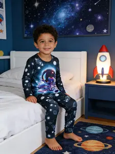 Boys' 2-Piece Cool Space Astronaut Pattern Sleepwear Set, Spring & Fall Round Neck Long Sleeve Pajamas, Children, Home Wear, Astronaut Theme