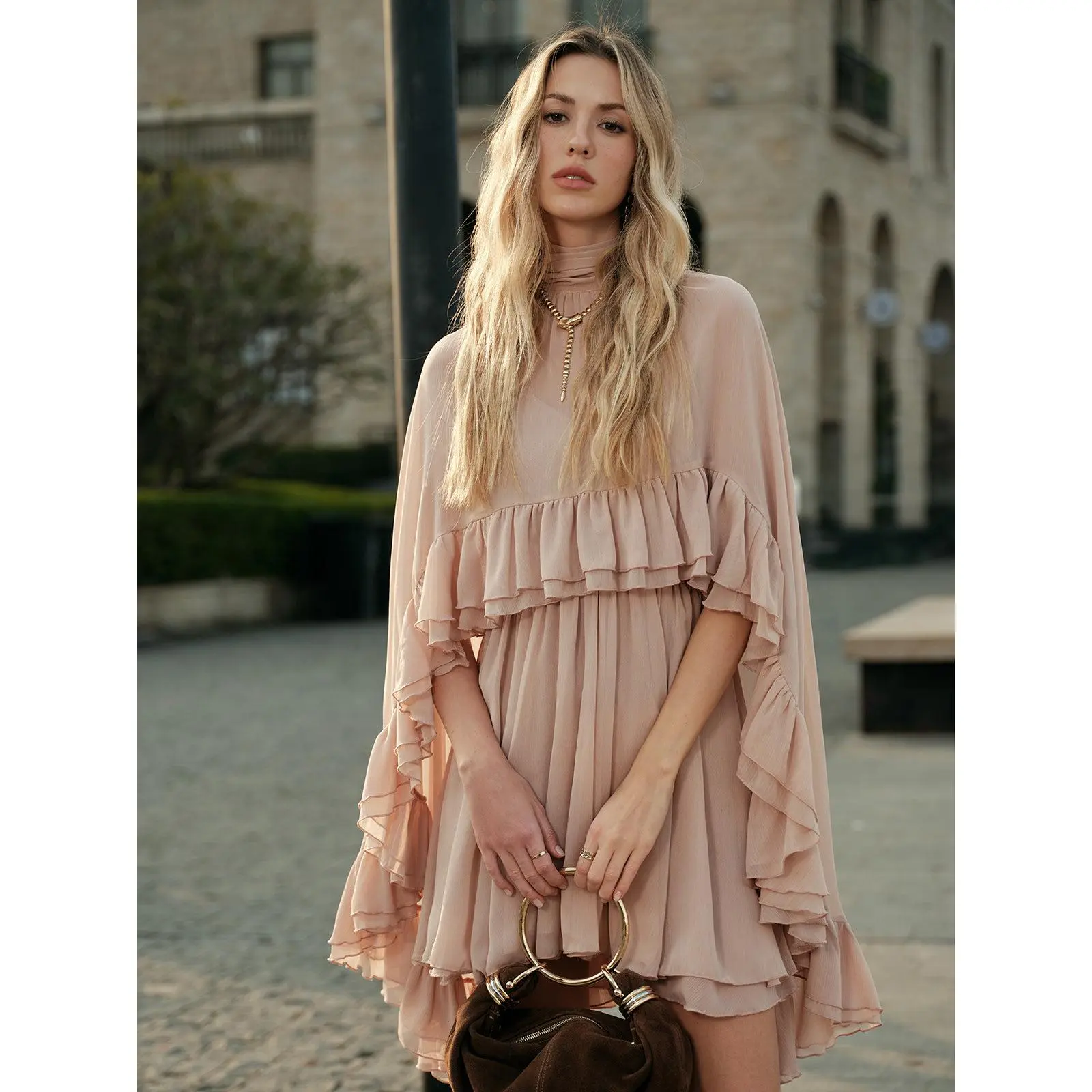 Semi-Sheer Chiffon Ruffle Dress With Outer Cape Semi-Sheer Chiffon Ruffle Dress With Outer Cape