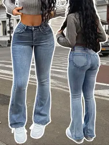 Spring Summer Women's Mid-Waist Washed Elastic Jeans, Tight Butt Lifting Flare Pants, Slim Fit Versatile Denim Trousers