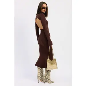 Turtle Neck Midi Dress With Back Cutout Long Sleeve Modern Flared Hem Stretchy Knit Formal Evening Wear for Womenswear