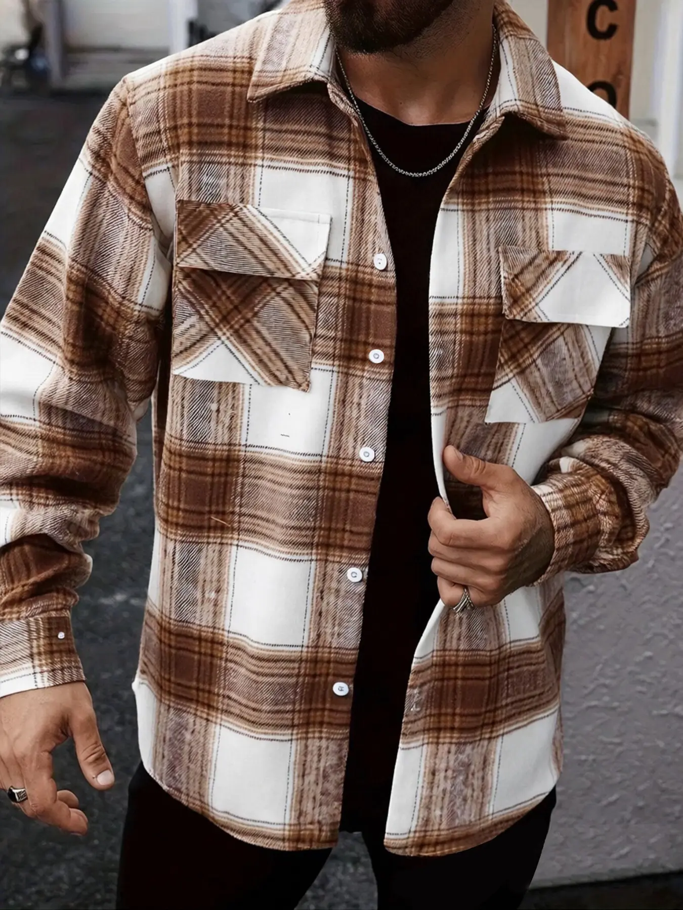 Men's Plaid Checked Workwear Shirt Jacket, Long Sleeve, Comfortable Fabric, Skin-Friendly Breathable, Casual Fitted Style, Spring & Fall