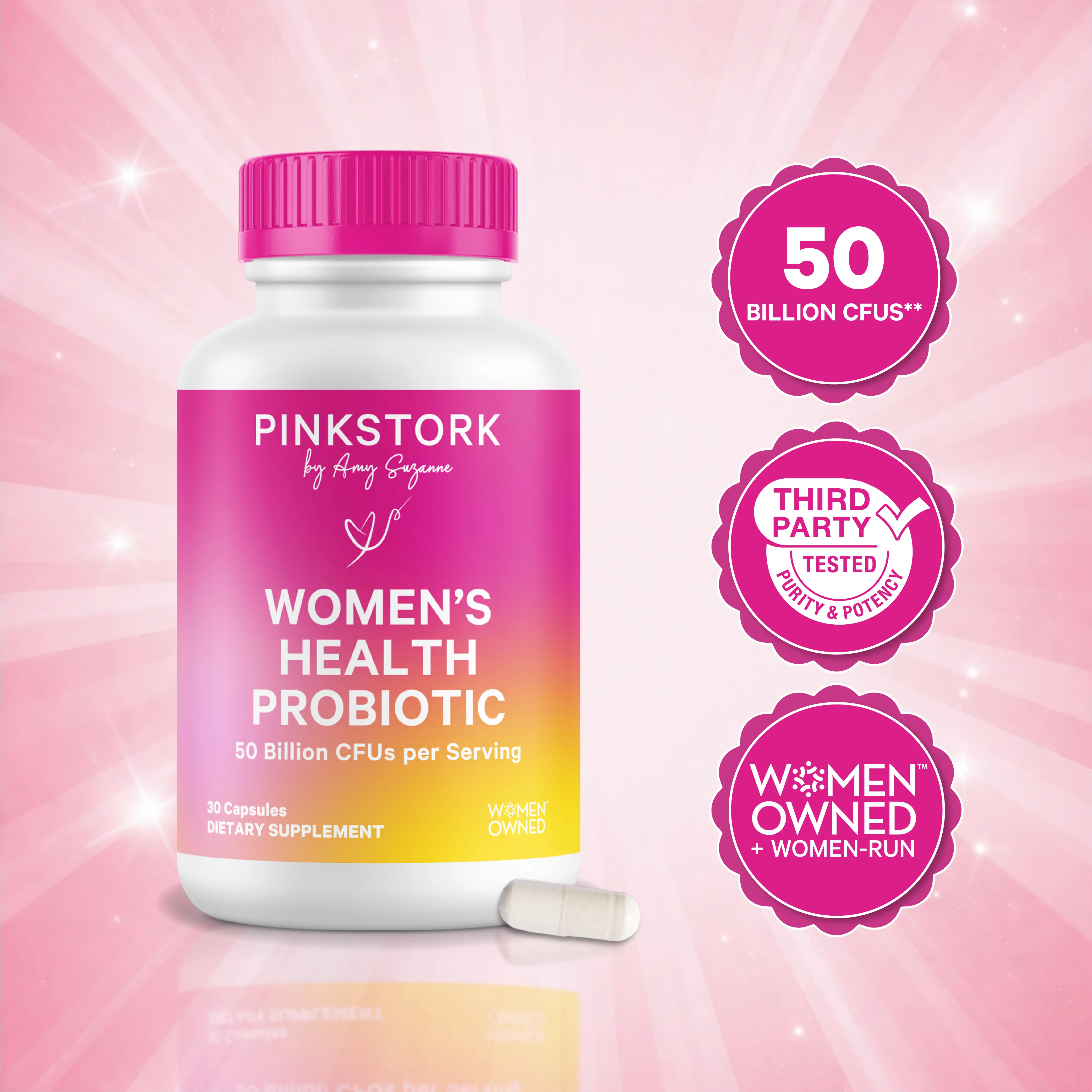 Pink Stork Women's Health Probiotic 50 Billion CFUs per Serving 30 Capsules for Digestive Wellness & Immune Support US Made Daily Supplement