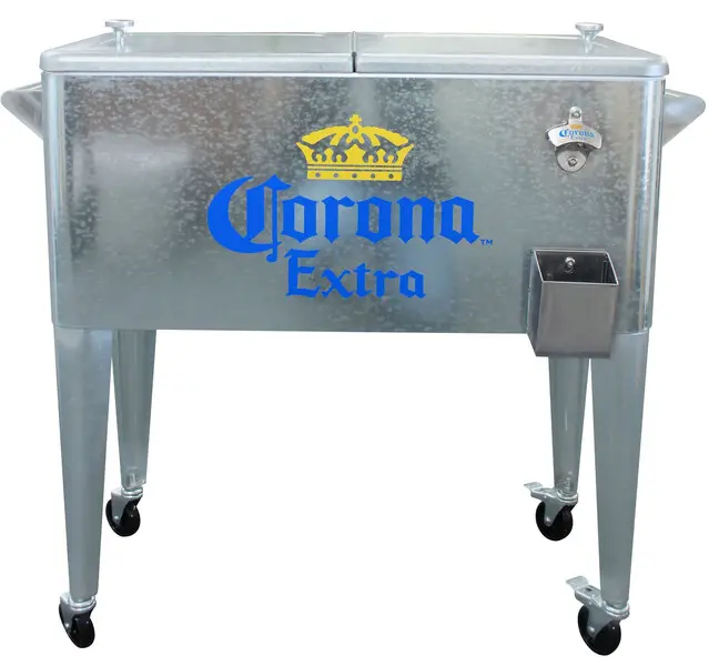Corona Extra Galvanized Retro Rolling Ice Chest Cooler 80 Qt Officially Licensed with Removable Lid & Built in Bottle Opener for Outdoor Entertaining