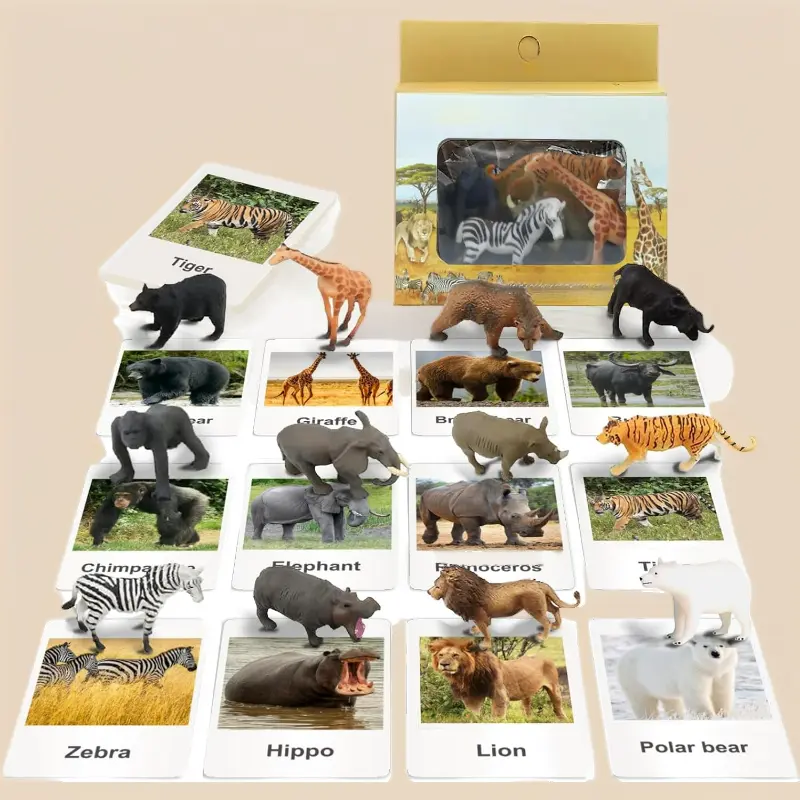12 Safari Animal Figure Toys with 12 Flash Cards, Realistic Mini Jungle Animal Figurines, Cake Toppers & Party Supplies, Montessori Animal Matching Game for Toddlers & Kids