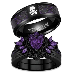 Lvrong Couple Rings Matching Rings Black Wings Skull Ring 1.5ct Heart Purple CZ Womens Wedding Ring Sets Punk Ring