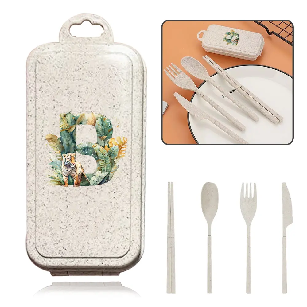 4pcs Detachable Wheat Straw Dinnerware Set, Foldable Spoon Fork Knife & Chopsticks, Portable Dinnerware Kit, Camping & Home Use