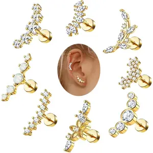 YADOCA 8Pcs 16G Cartilage Earring Stainless Steel Star Flower Opal CZ Helix Earrings Flat Back Cartilage Helix Conch Piercing Jewelry for Women