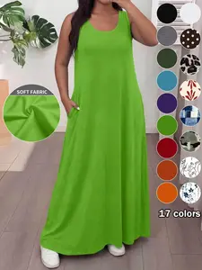 Plus Size Women's Casual Sleeveless Round Neck Long Dress, 17 Colors Available, Loose Fit Slimming Pocket Dress, Daily Vacation Home Essential
