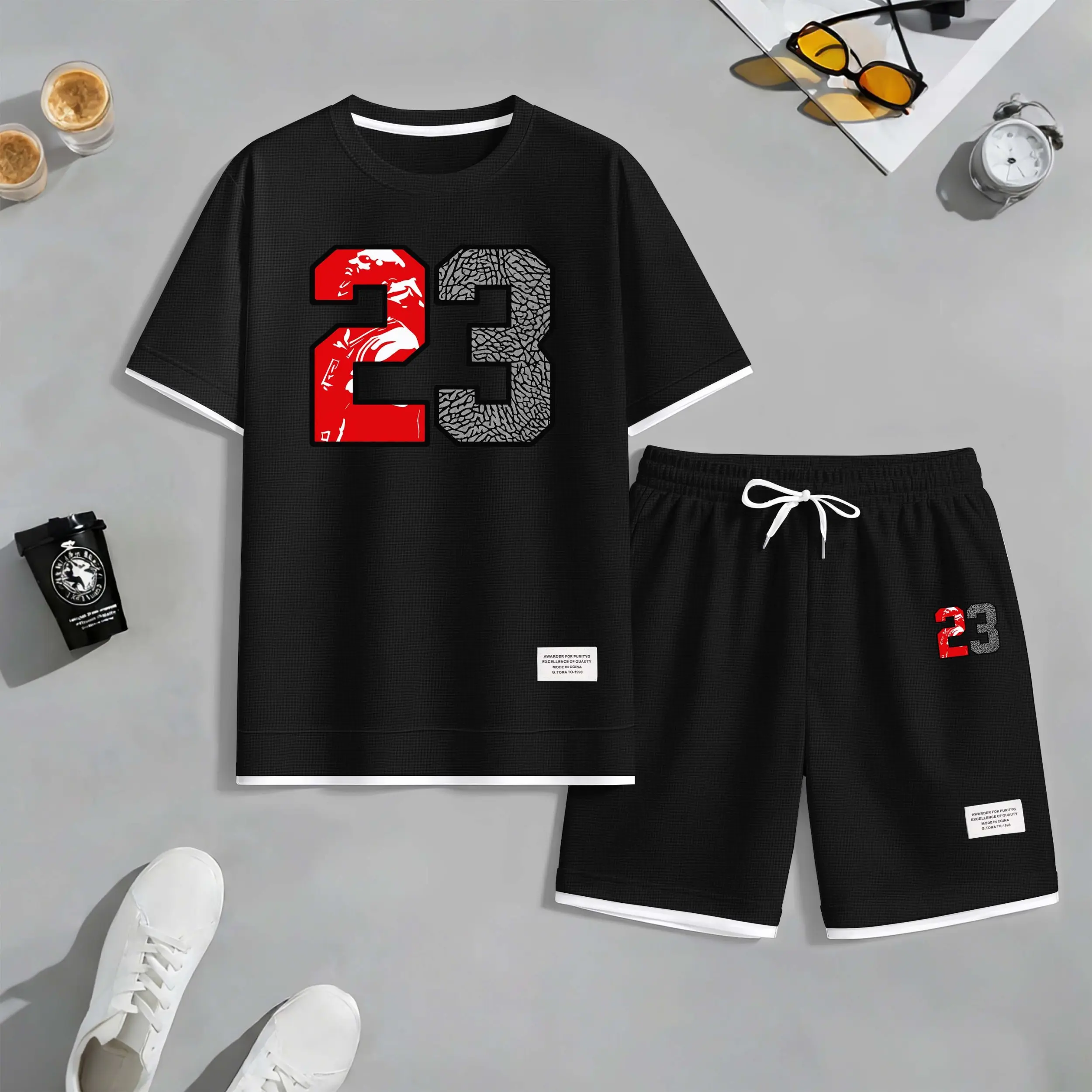 Men's Basketball 23 Print Drawstring Shorts Set For Spring/Summer. A Casual Summer Outfit, Including A Short-Sleeved Shirt And Shorts, Suitable For Everyday Wear And Sports. A Two-Piece Set For A Relaxed And Energetic Lifestyle. Workout Set Athletic Tops