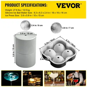 VEVOR Ice Ball Press Kit, Anodized 7075 Aluminum, with Silicone Moulds, Large Mat, Stainless Steel Tong Two Glasses, Double Size Crystal Clear Rounds for Whiskeys, Cocktails on Parties Holidays