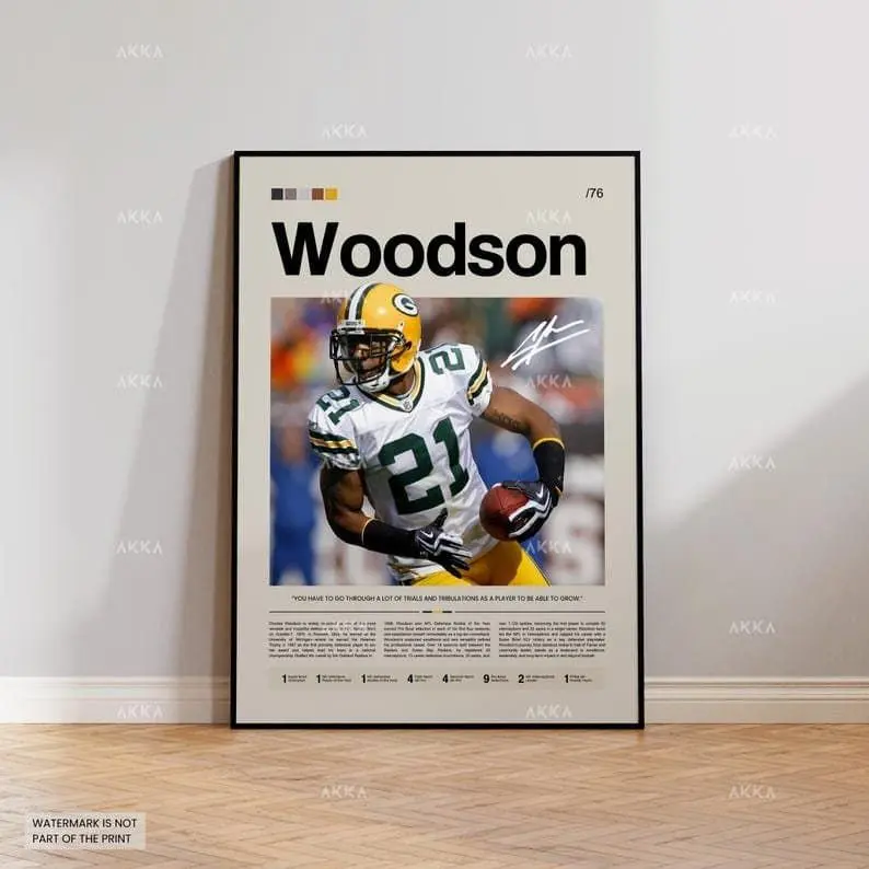 Charles Woodson Green Bay Packers NFL Lightweight Paper Poster - Artistic Defensive Star Photo, Diverse Sizes Home Decor Decoration, Man Cave Decor Wall Hanging Gift