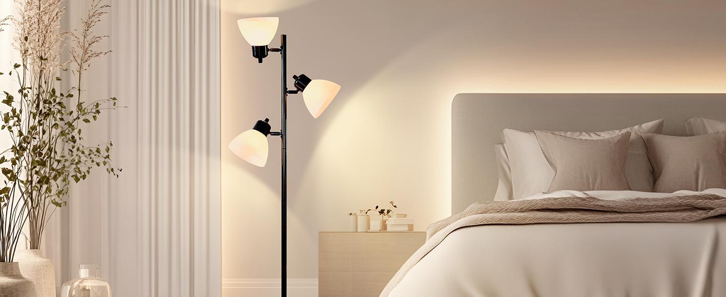 Modern Tree Floor Lamp for Living Room Bedroom, Tall Pole Standing Lamps with 3 Adjustable Rotating Heads for Office, Decor Corner, Reading Indoor, 3 Bright Lights LED Bulbs Included (Black)