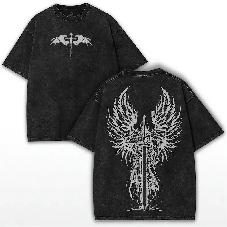 Men's Distressed Angel Sword Graphic Tshirt, Oversized Vintage Short Sleeve Top in Washed Heavy Cotton for Casual Wear, Shortsleeve, Festive, Round Neck, Menswear, Sportswear, Fitted Cut, All Seasons, Oversized Fit, Machine Wash, Distressed Look, Crew Nec