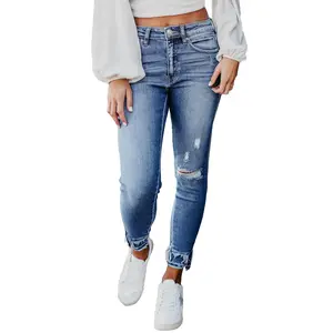 Light Blue Ripped Fringe Crop Skinny Jeans