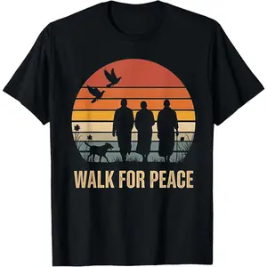 Men's Seamless Round Neck Shortsleeve Cotton T-Shirt - Casual Menswear, Smooth Soft Fabric Top with Walk for Peace Aloka Dog Buddhist Monks Retro Zen Art Graphic, for Meditation