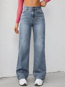 High-Quality Casual Straight Leg Jeans Pants for Women, Comfortable Breathable Denim Fabric, Versatile Plain Design, All-Season Wear