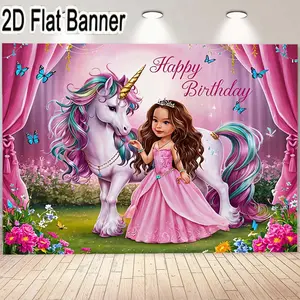 2D flat banner, 1pc1pc magical unicorn birthday scene backdrop, featuring a young girl with brown hair in a princess dress, alongside a white unicorn with a golden horn, vibrant pink and teal mane, perfect for birthday party decoration, photo backd