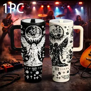 40oz Dark Angel Gothic Tumbler, Black White Rock Art Insulated Mug with Handle and Straw, Unique Statement Cup, Perfect Gift for Rock Fans, Metal Music Lovers and Alternative Style Friends