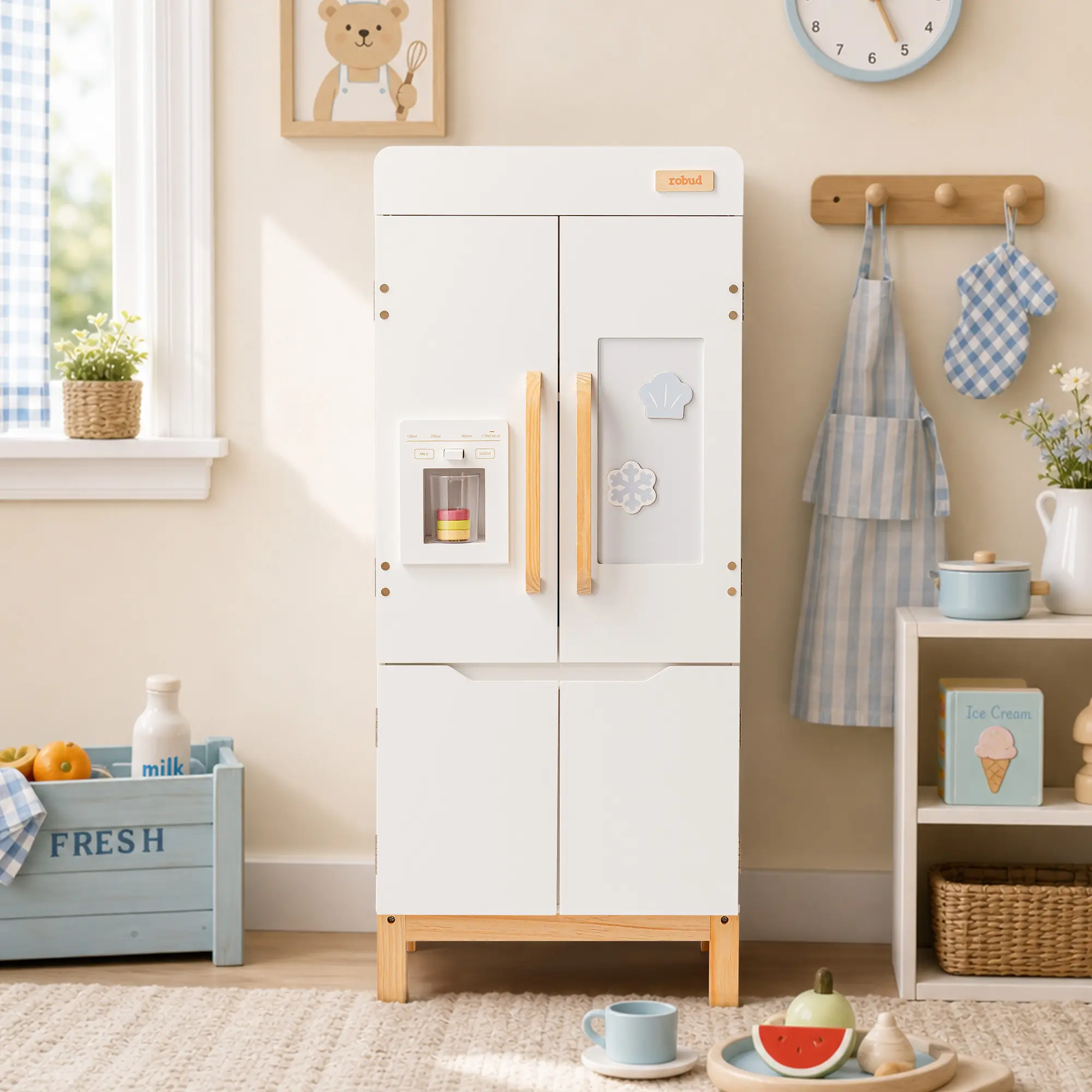 ROBUD Wooden Refrigerator with Beverage Machine & Storage, Multi-Functionl Play Fridge with Toy Accessories(Toy Pizza, Eggs, Ice Cream) for Nursery, Playroom, Birthday Gift to Kids Age 3+